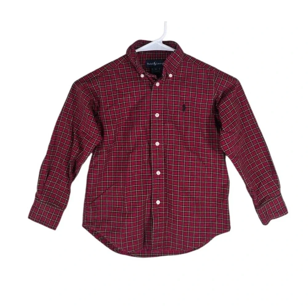 Polo Ralph Lauren Boys Size 5 Red Black Tartan Plaid Button Down Shirt Cotton
